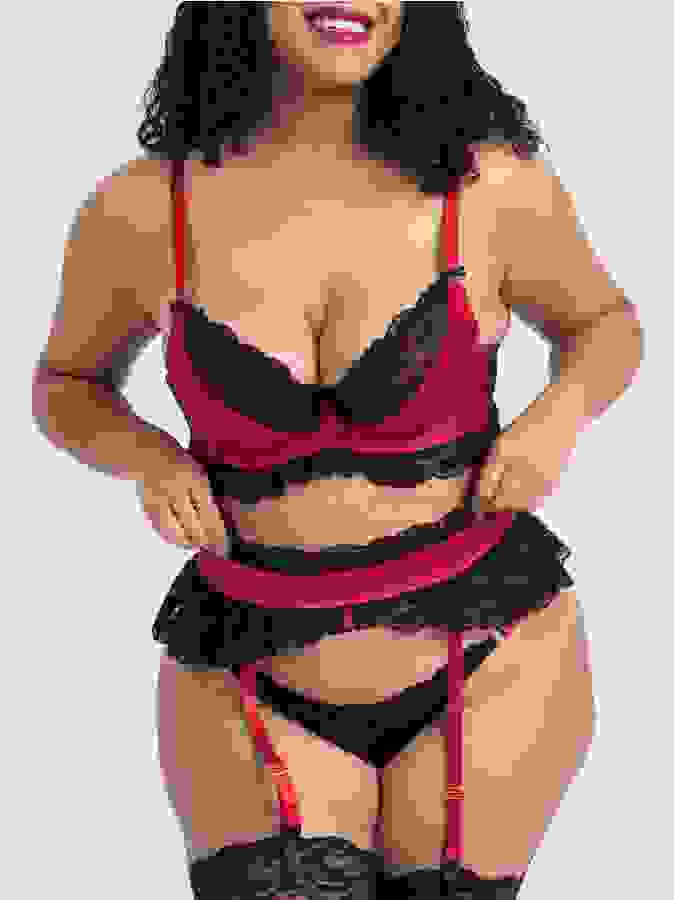 Lovehoney Plus Size Empress Red Satin and Lace Bra Set, Red, hi-res